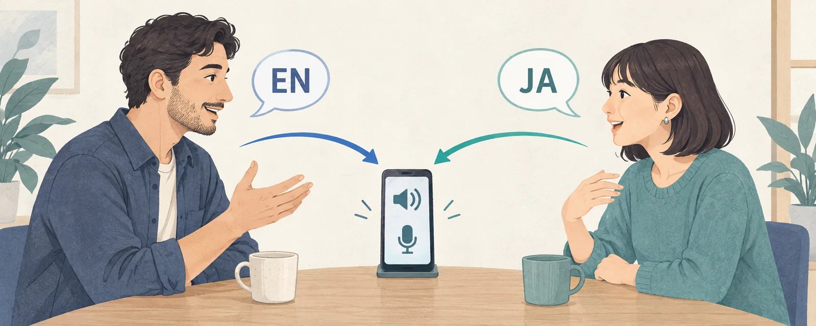 Two people speaking English and Japanese use a phone to interpret their conversation
