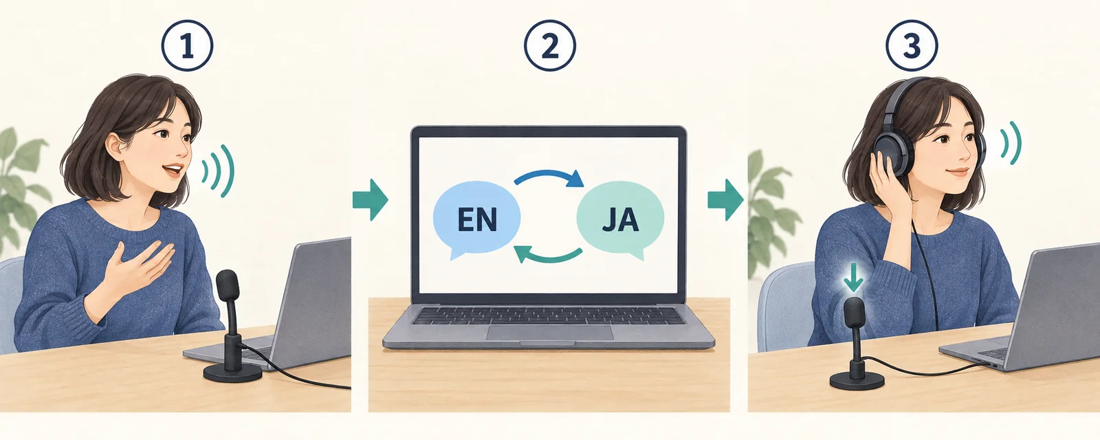 Three stages: speak into a microphone, translate between English and Japanese, and listen on headphones while input continues