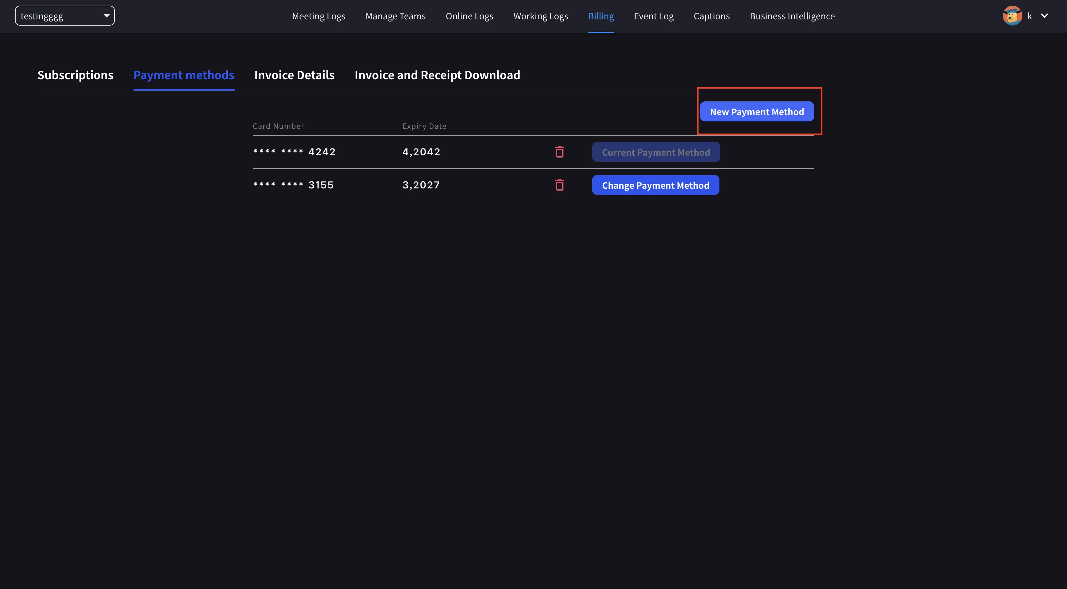 Payment methods tab