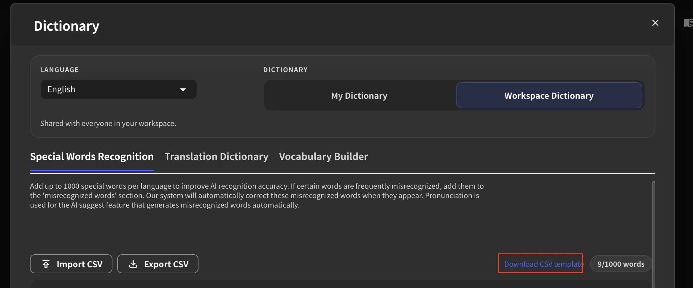 Download CSV template button highlighted in the Dictionary UI