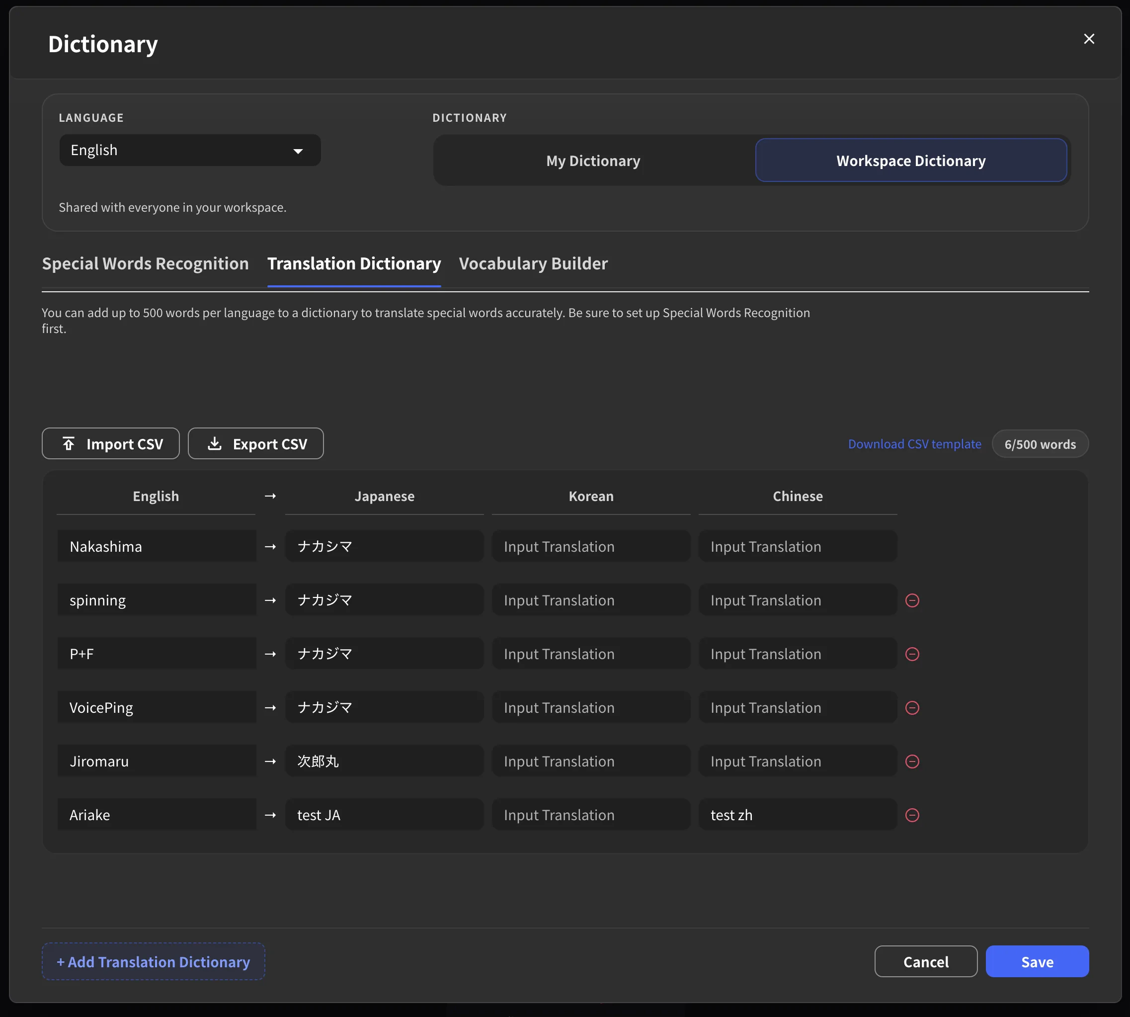 Translation Dictionary with Workspace Dictionary selected, showing English to Japanese, Korean, and Chinese translations