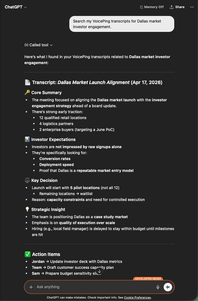 ChatGPT surfacing a Dallas Market Launch transcript with core summary, investor expectations, key decisions, and action items