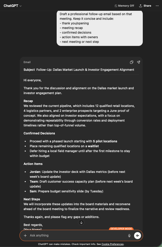 ChatGPT generating a professional follow-up email draft with subject, recap, decisions, and assigned action items