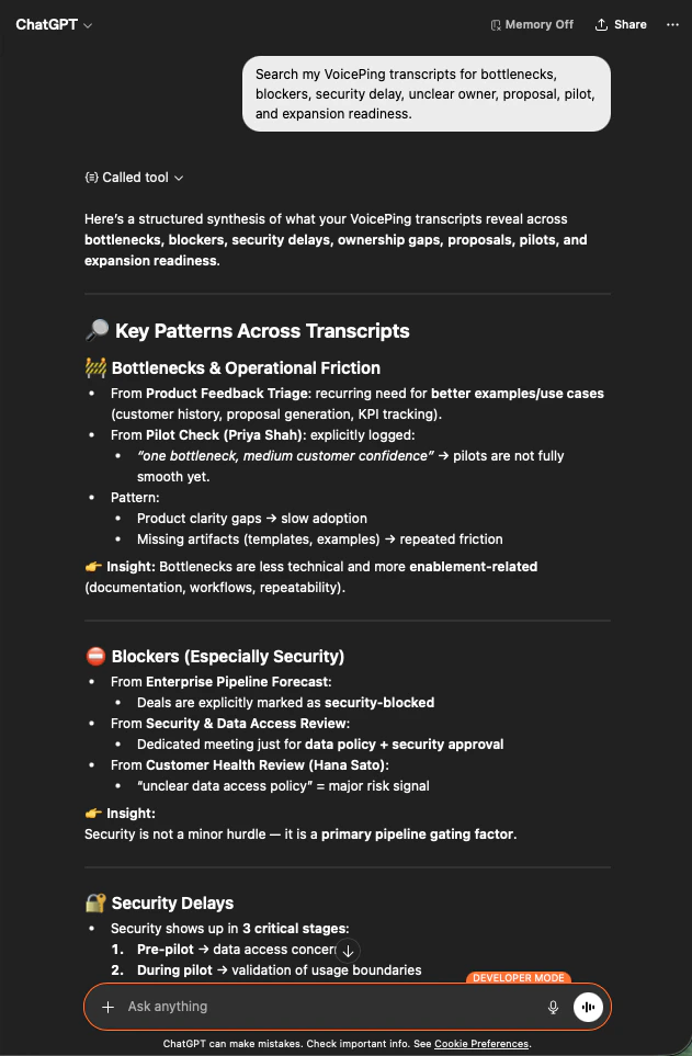ChatGPT surfacing bottleneck patterns across VoicePing transcripts — operational friction, security blockers, ownership gaps