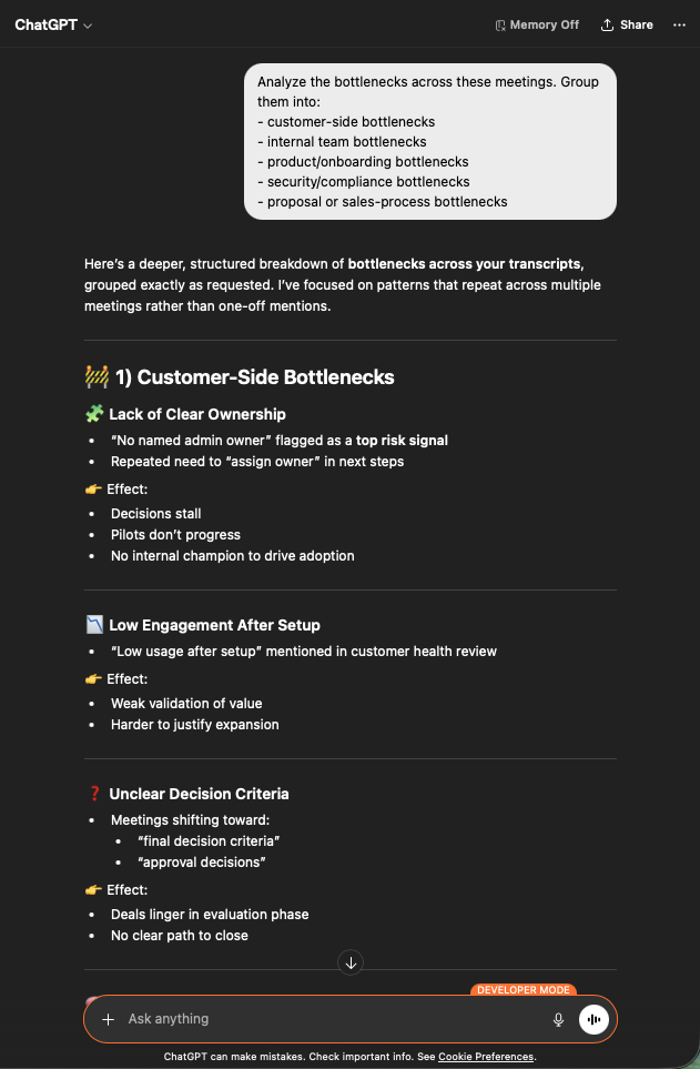 ChatGPT grouping bottlenecks across customer-side, internal, product, security, and sales-process categories