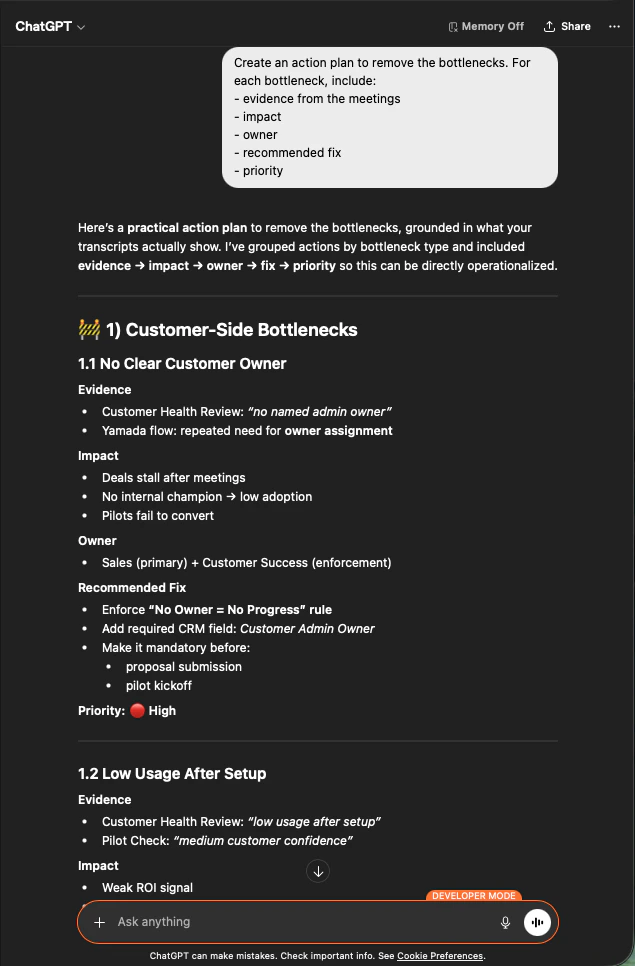 ChatGPT producing a prioritized action plan per bottleneck with evidence, impact, owner, recommended fix, and priority