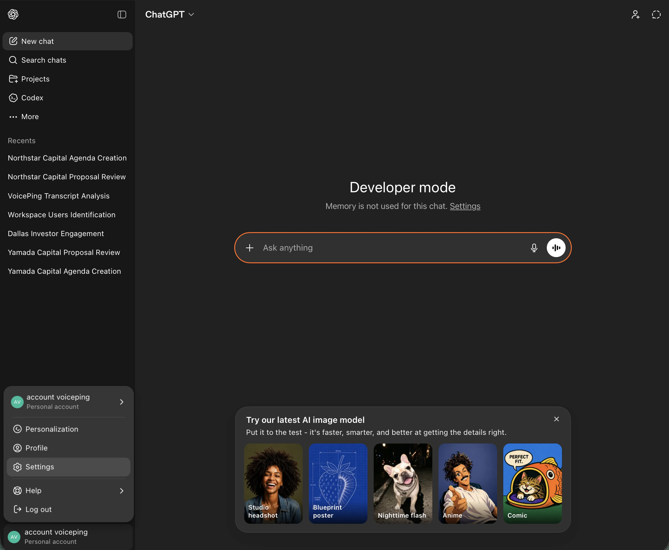 ChatGPT sidebar with account menu open and Settings highlighted