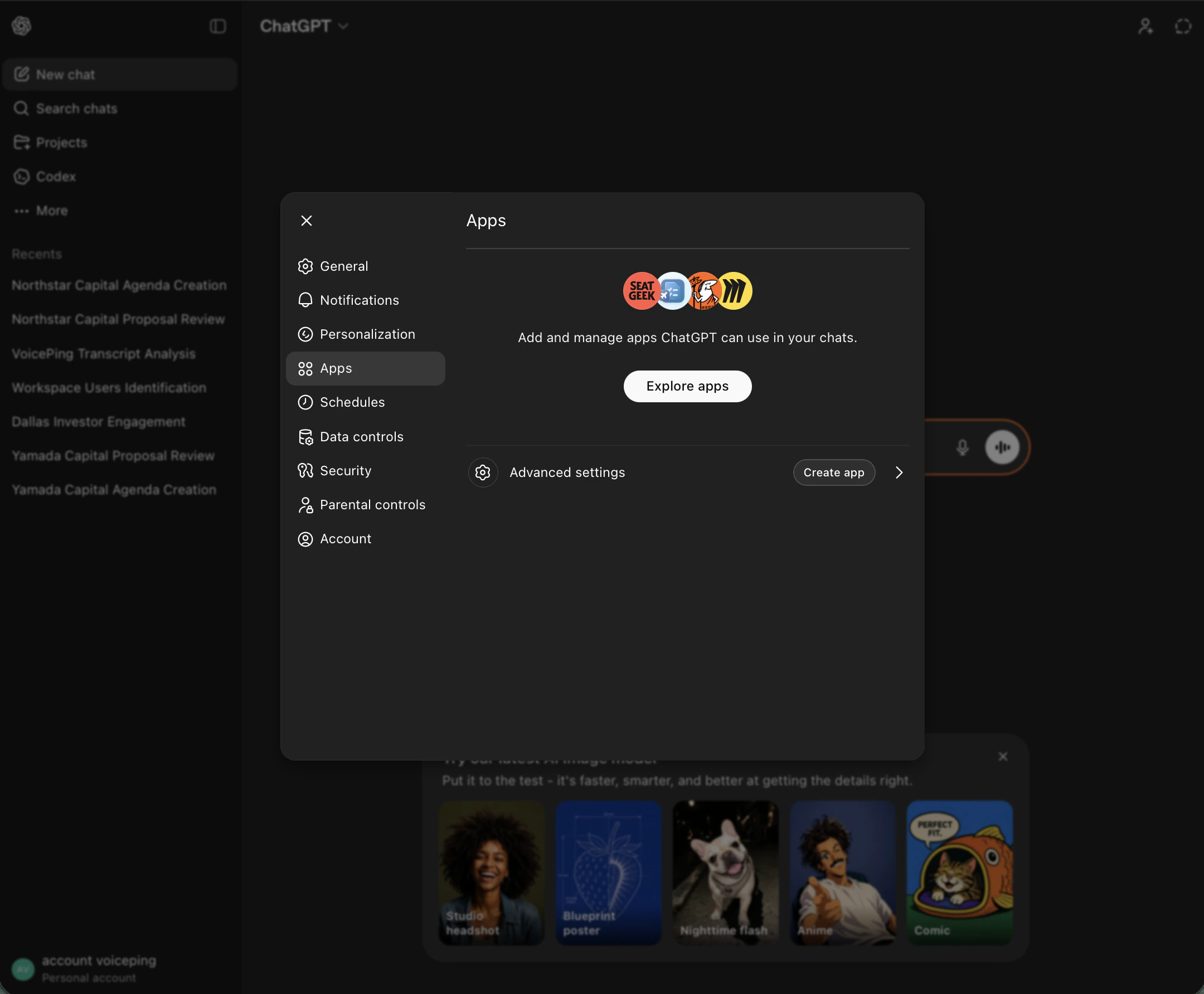 ChatGPT Settings Apps tab with Advanced settings and Create app button