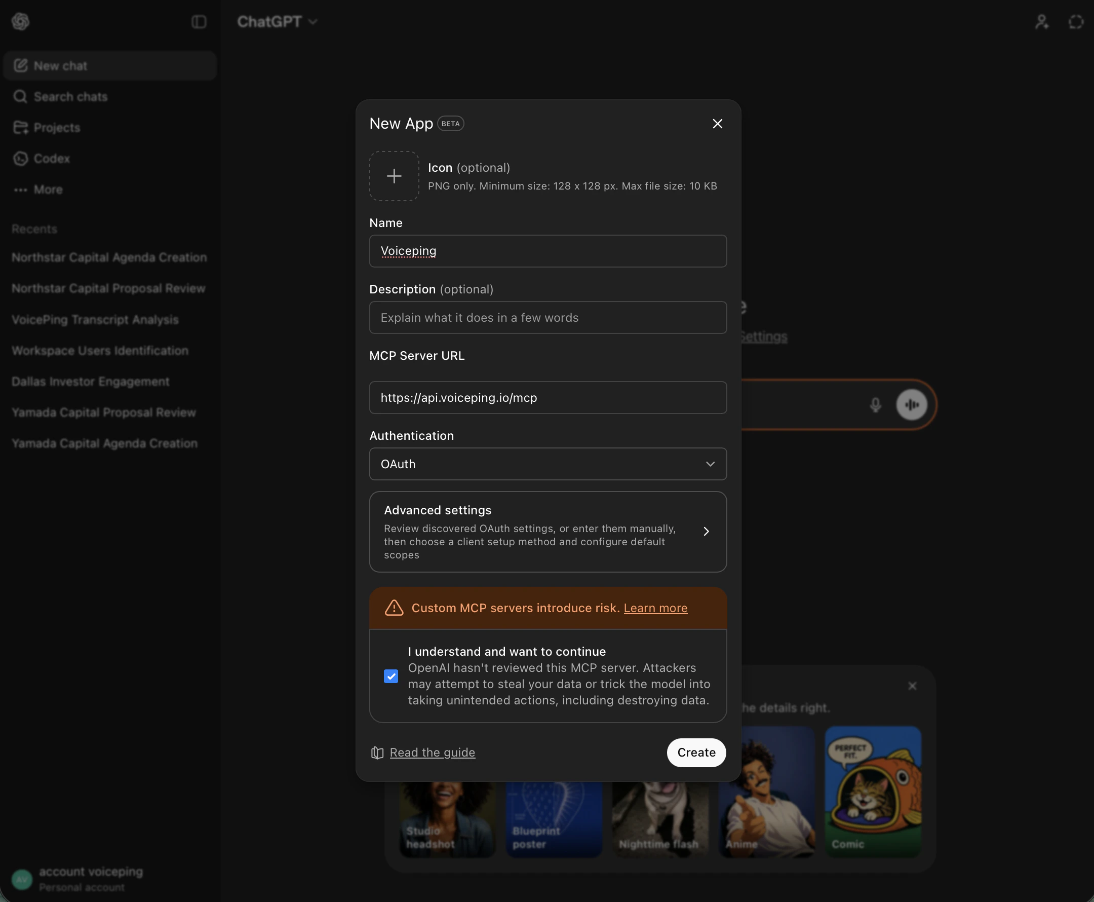 ChatGPT New App modal with Voiceping name, MCP Server URL, OAuth authentication, and confirmation checkbox