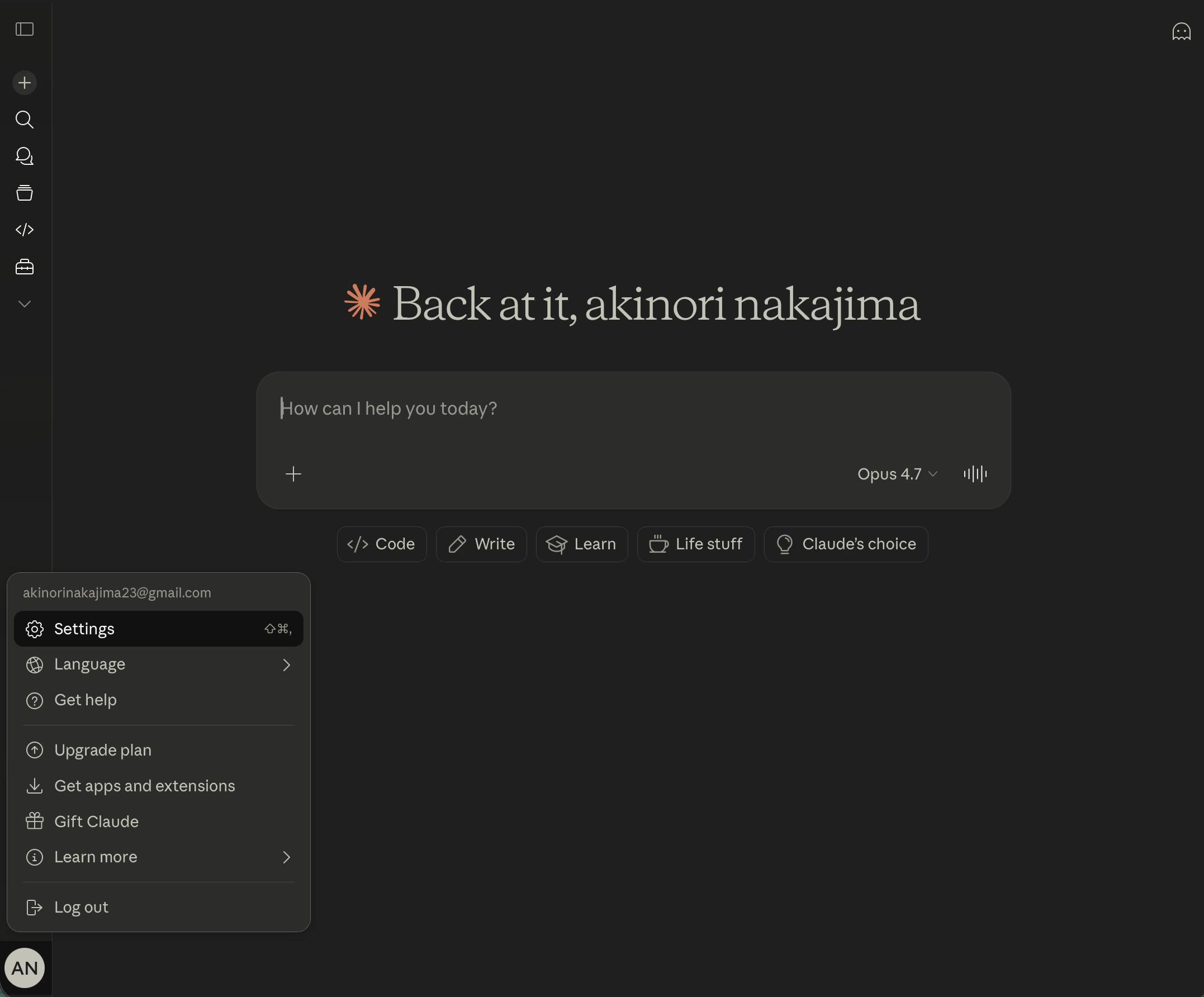 Claude home screen with account menu open and Settings highlighted
