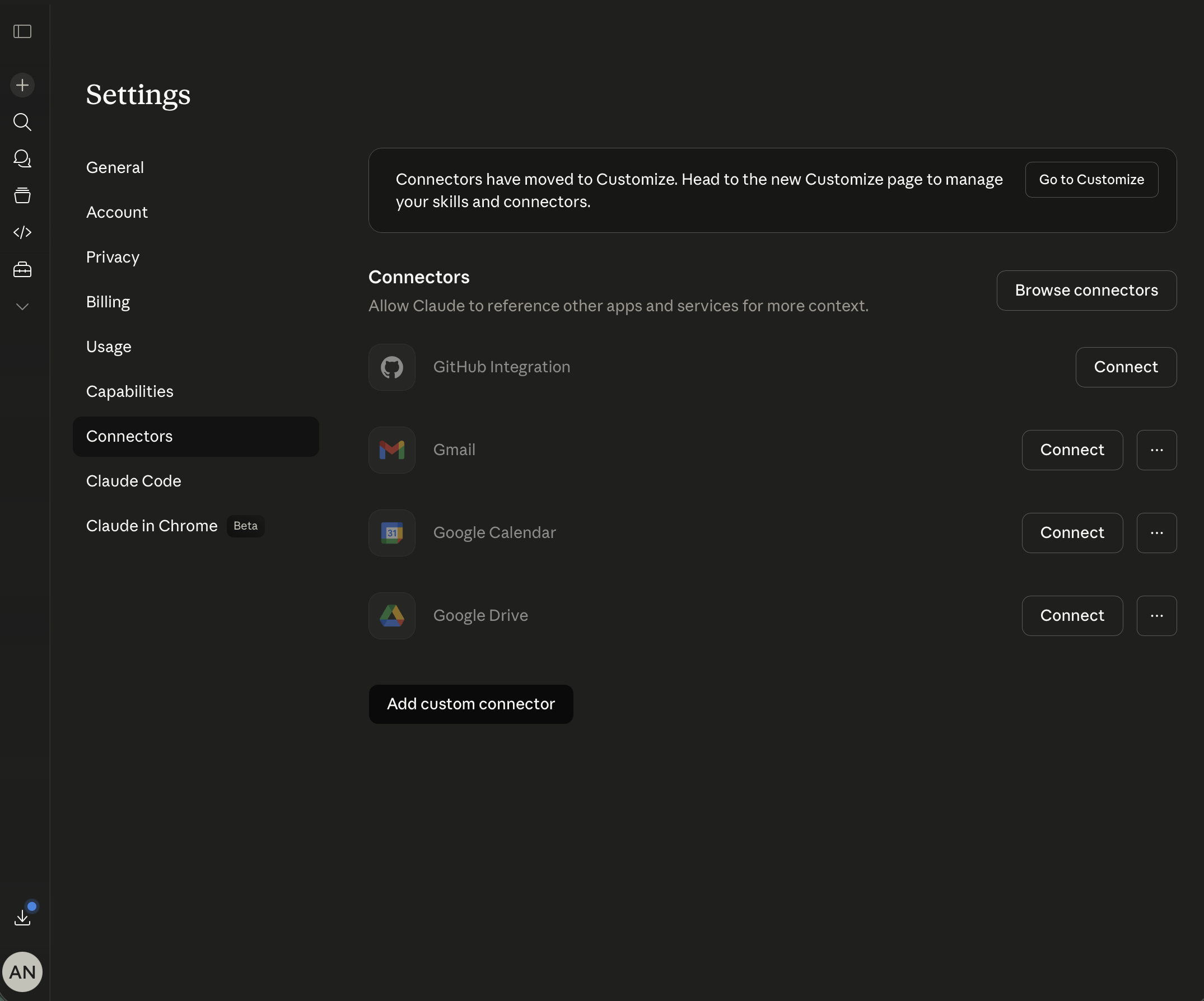Claude Settings Connectors tab showing existing connectors and Add custom connector button