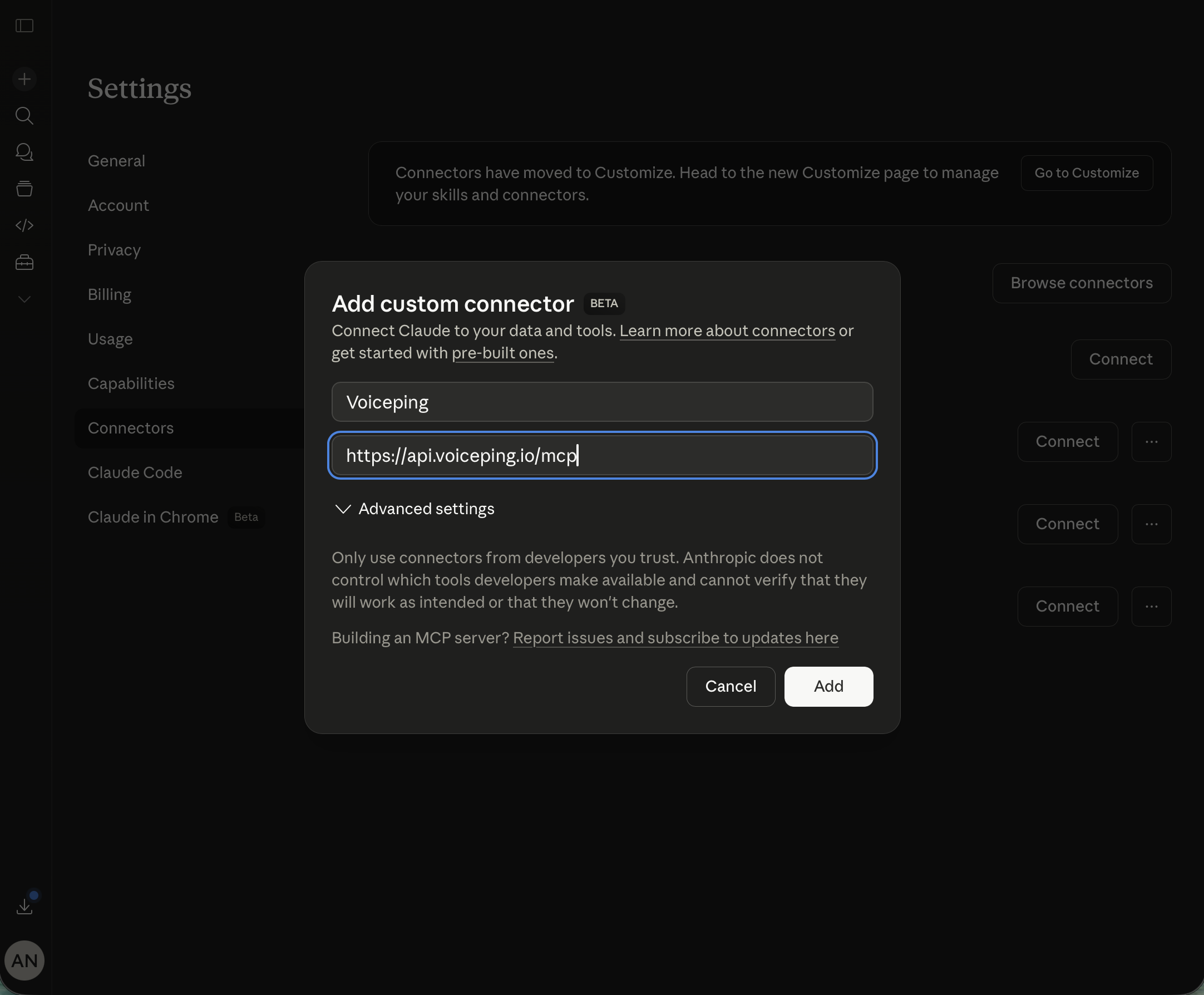 Claude Add custom connector modal with Voiceping name and https://api.voiceping.io/mcp URL