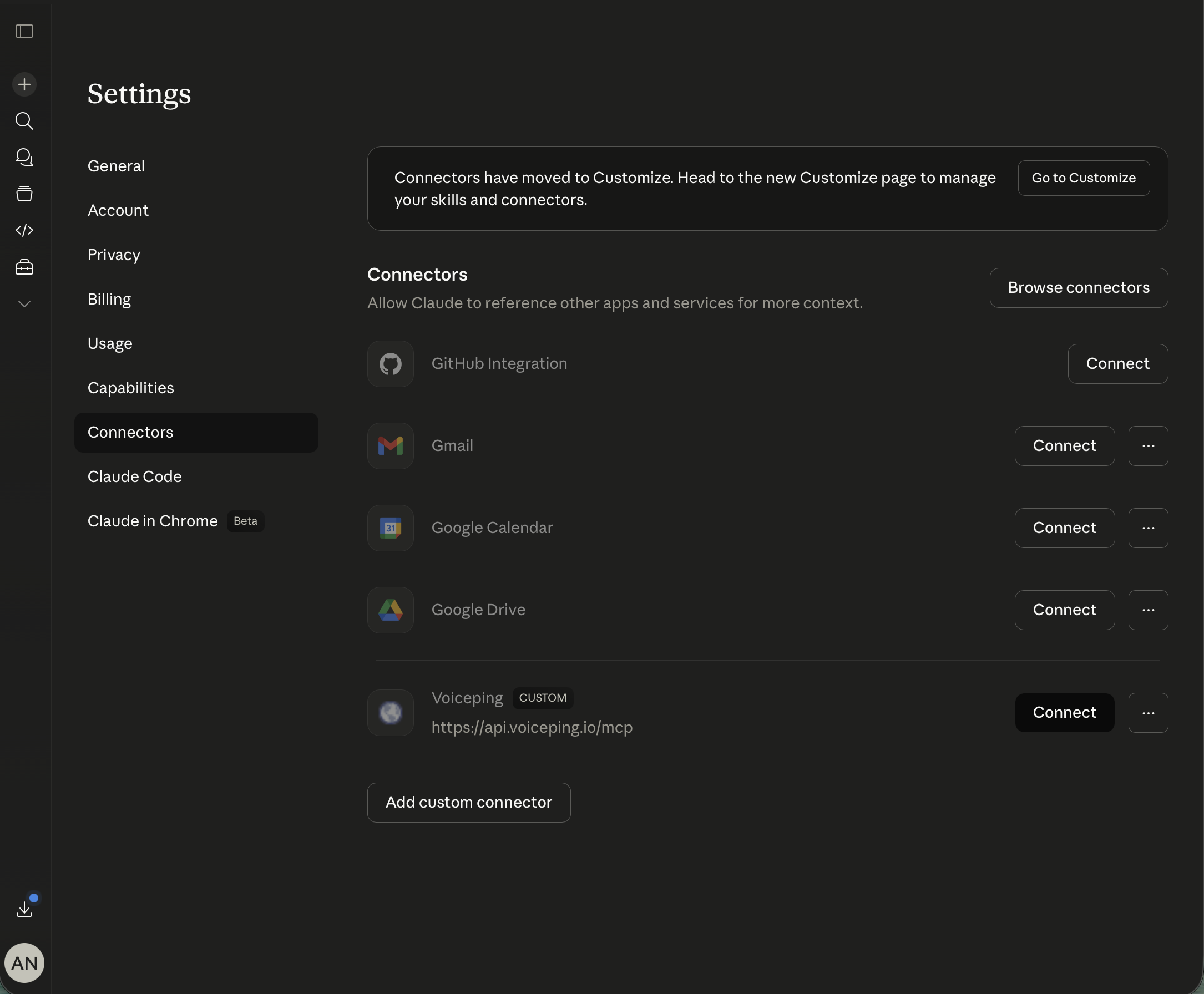 Claude connectors list with the newly added Voiceping connector and a Connect button