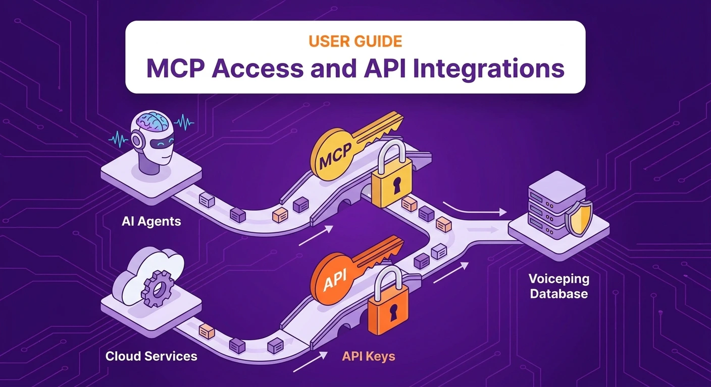 VoicePing External Access — MCP Access connects AI agents and API keys connect cloud services to the VoicePing database