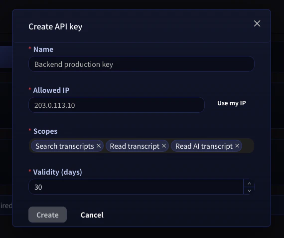 Create API key modal showing name, allowed IP, scopes, and validity fields