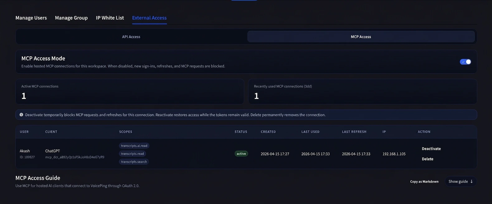 VoicePing MCP Access enabled with active MCP connections and transcript scopes