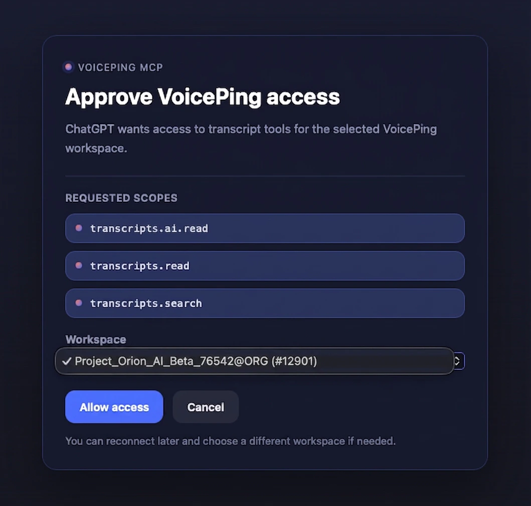 VoicePing MCP consent screen showing requested transcript scopes and workspace selection