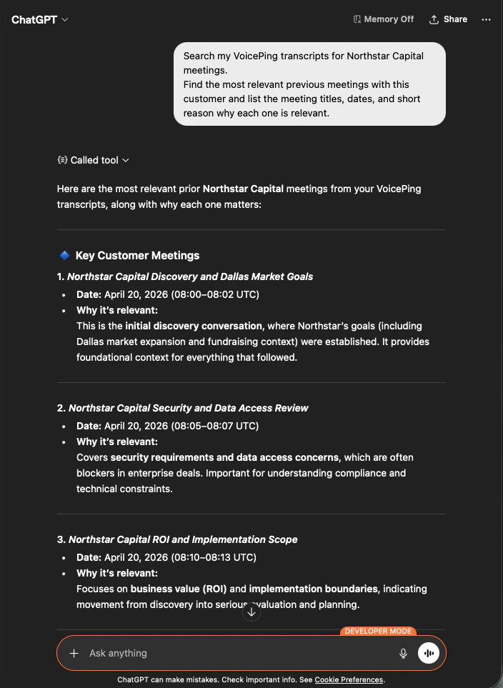 ChatGPT searching VoicePing transcripts and returning the three most relevant Northstar Capital meetings with dates and relevance notes