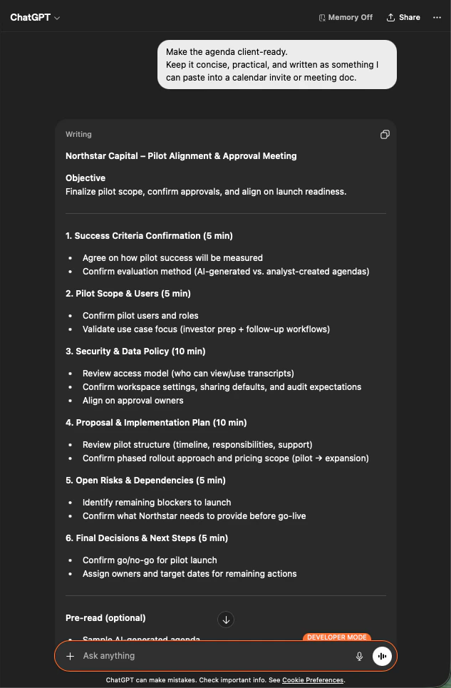 ChatGPT producing a time-boxed, six-section meeting agenda for Northstar Capital based on prior transcripts