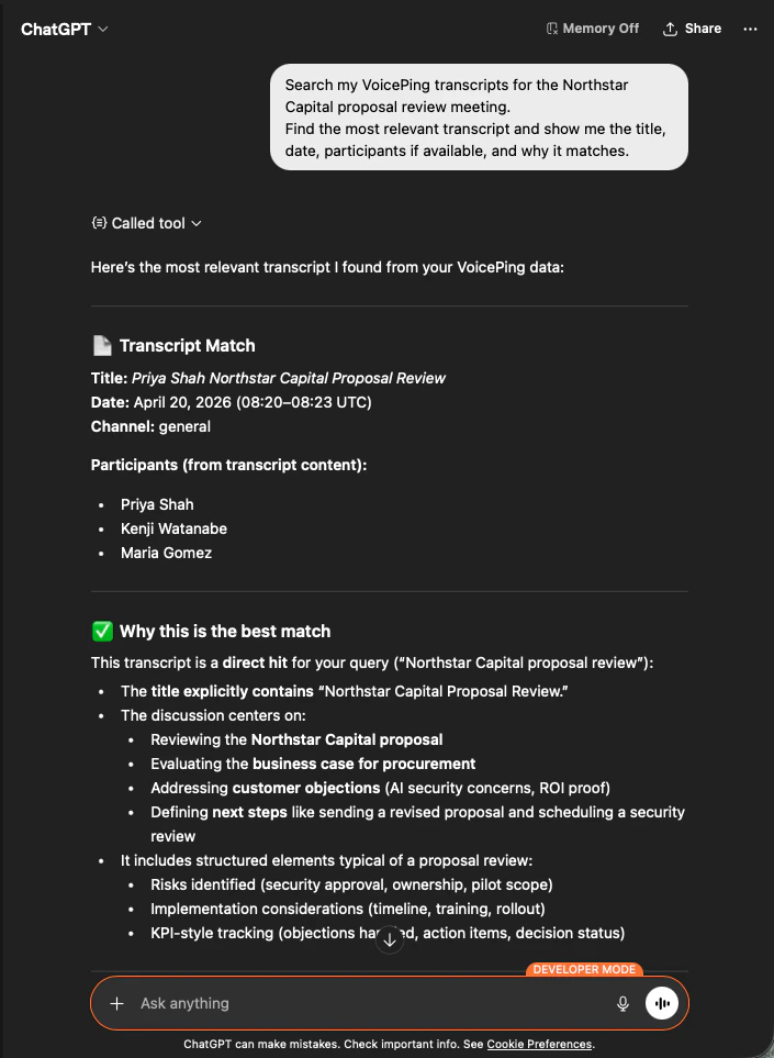 ChatGPT identifiant la transcription de la revue de proposition Northstar Capital avec participants et justification de correspondance