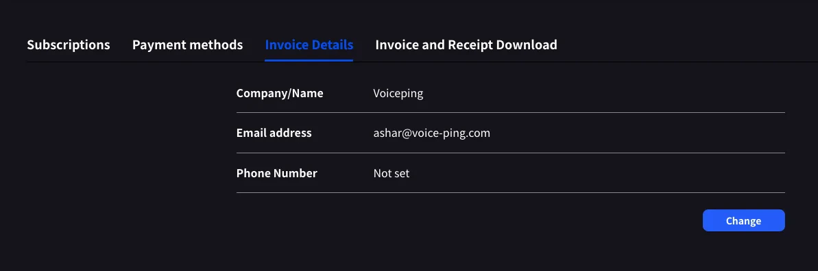 PC — Invoice Details tab with Company/Name, Email address, Phone Number fields and Change button