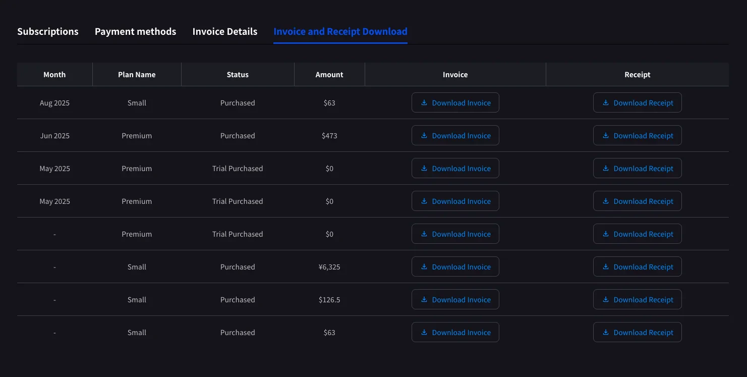 PC — Invoice and Receipt Download tab with monthly list, Download Invoice and Download Receipt buttons per row
