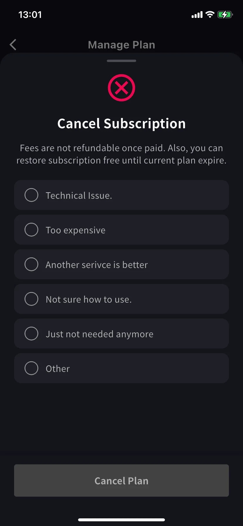 Cancel Subscription sheet