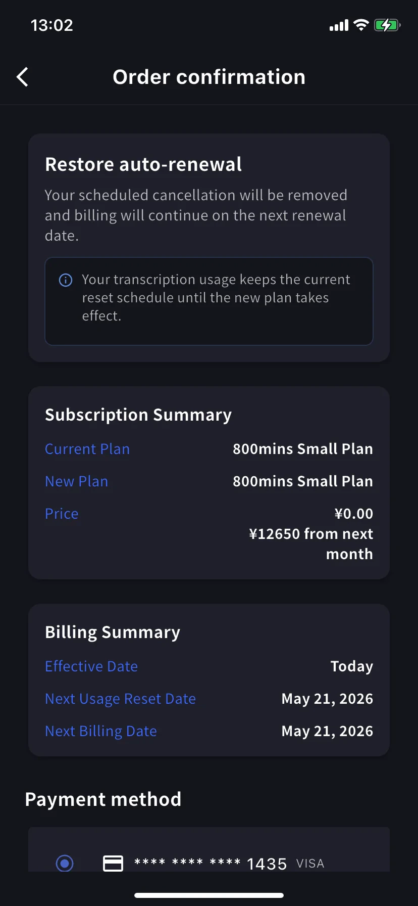 Order confirmation — Restore auto-renewal