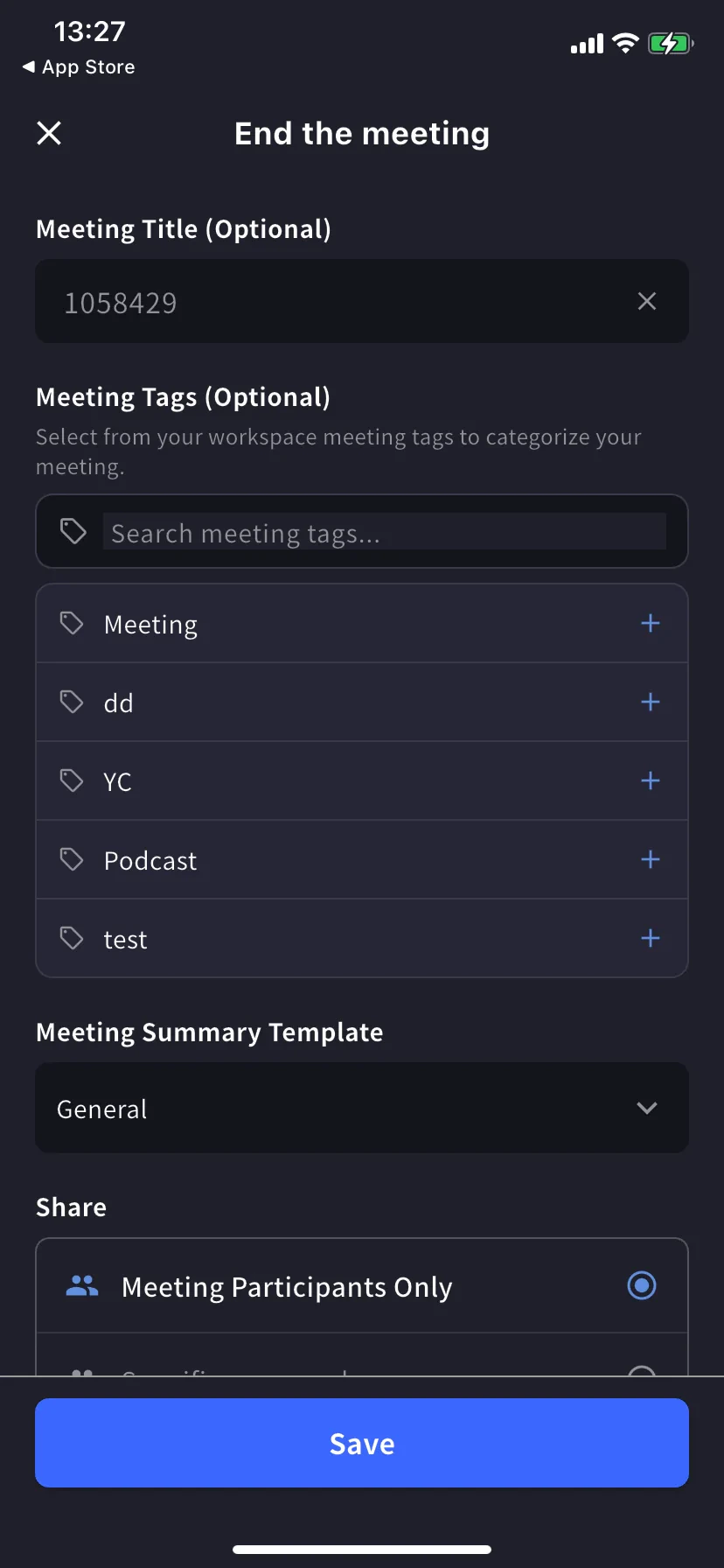 회의 종료 폼 — 제목, 태그, 템플릿