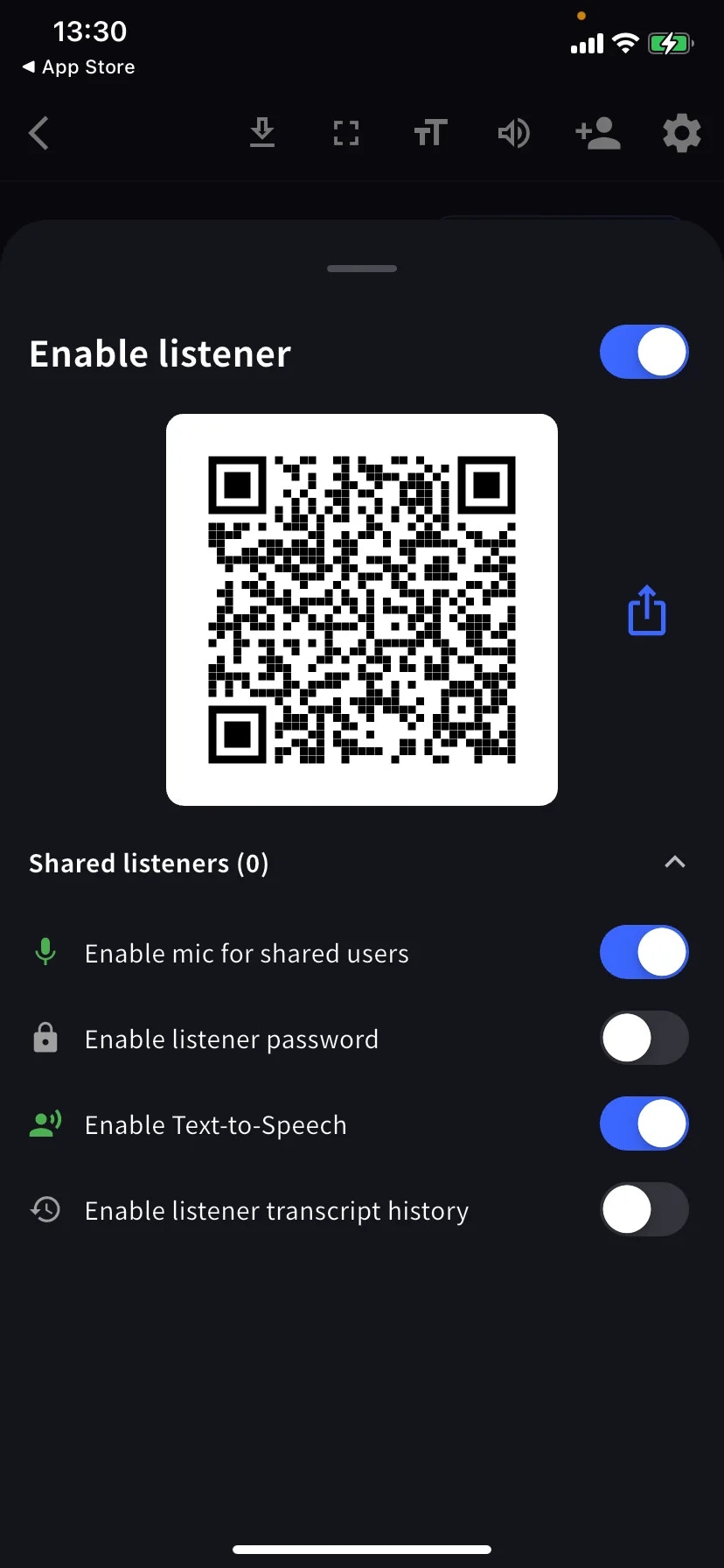 带 QR 码的 Enable listener 面板