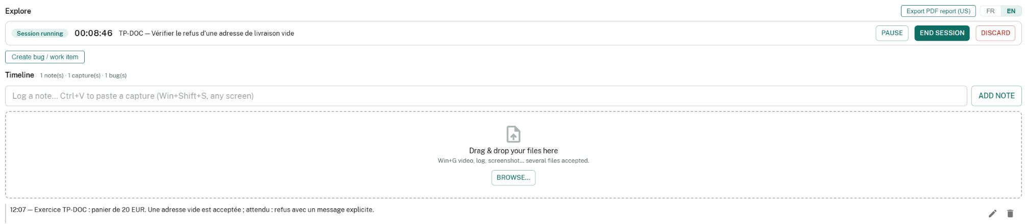 Explore in English with a running session and Timeline counts showing one note, one capture and one bug.