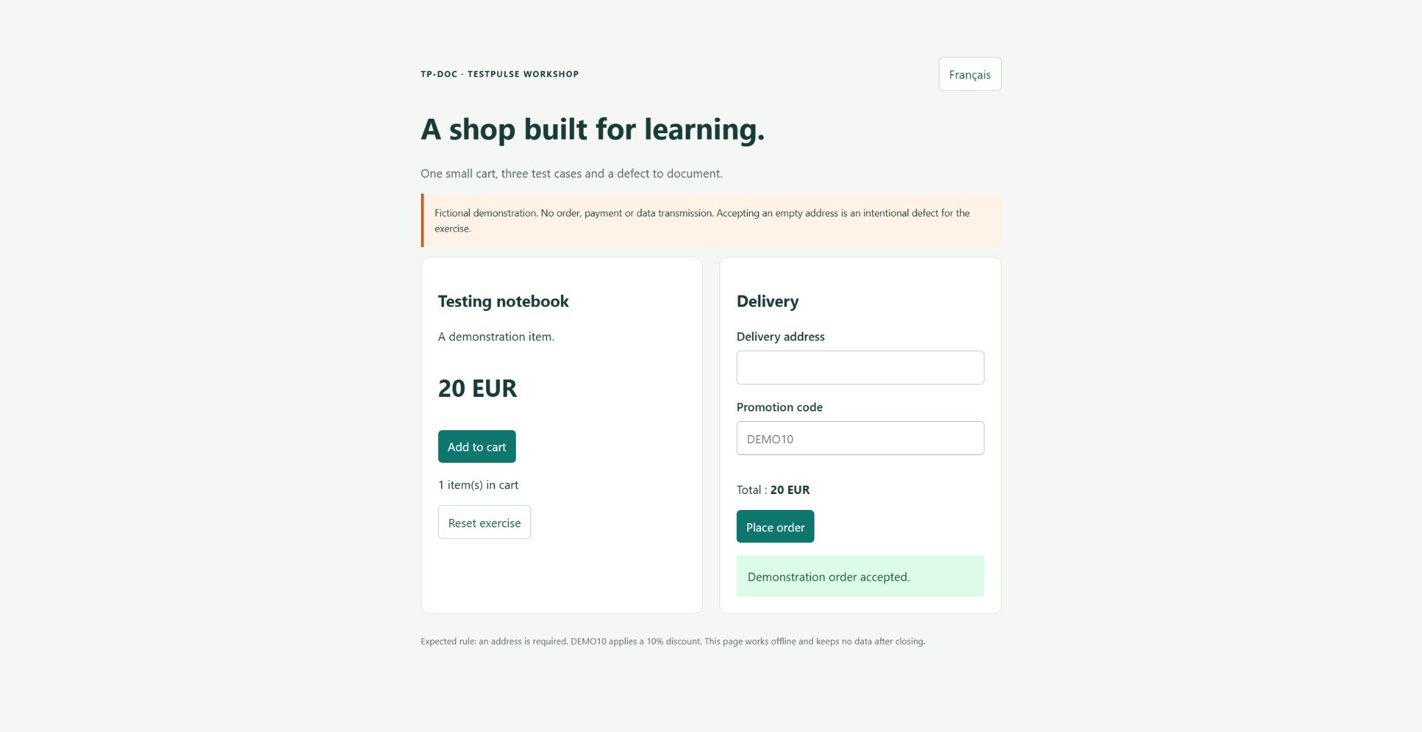 Training shop in English: empty delivery address, EUR 20 cart and the message Demonstration order accepted.