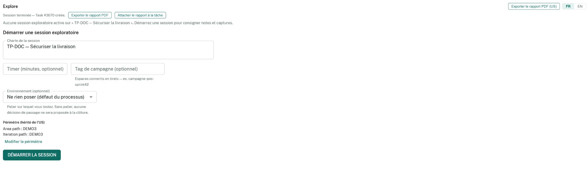 Explore en français après clôture : Session terminée — Task #3070 créée, avec les actions d'export et de pièce jointe du rapport.
