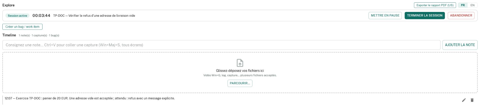 Explore en français, avec une session active et les compteurs Timeline indiquant une note, une capture et un bug.