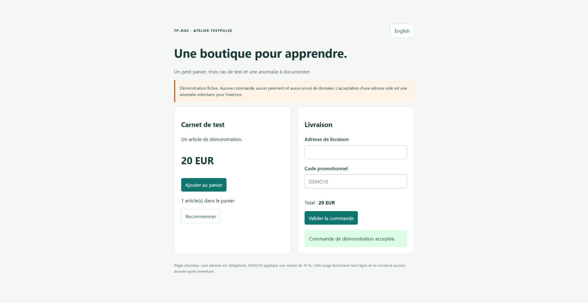 Boutique pédagogique en français : adresse de livraison vide, panier à 20 EUR et message Commande de démonstration acceptée.