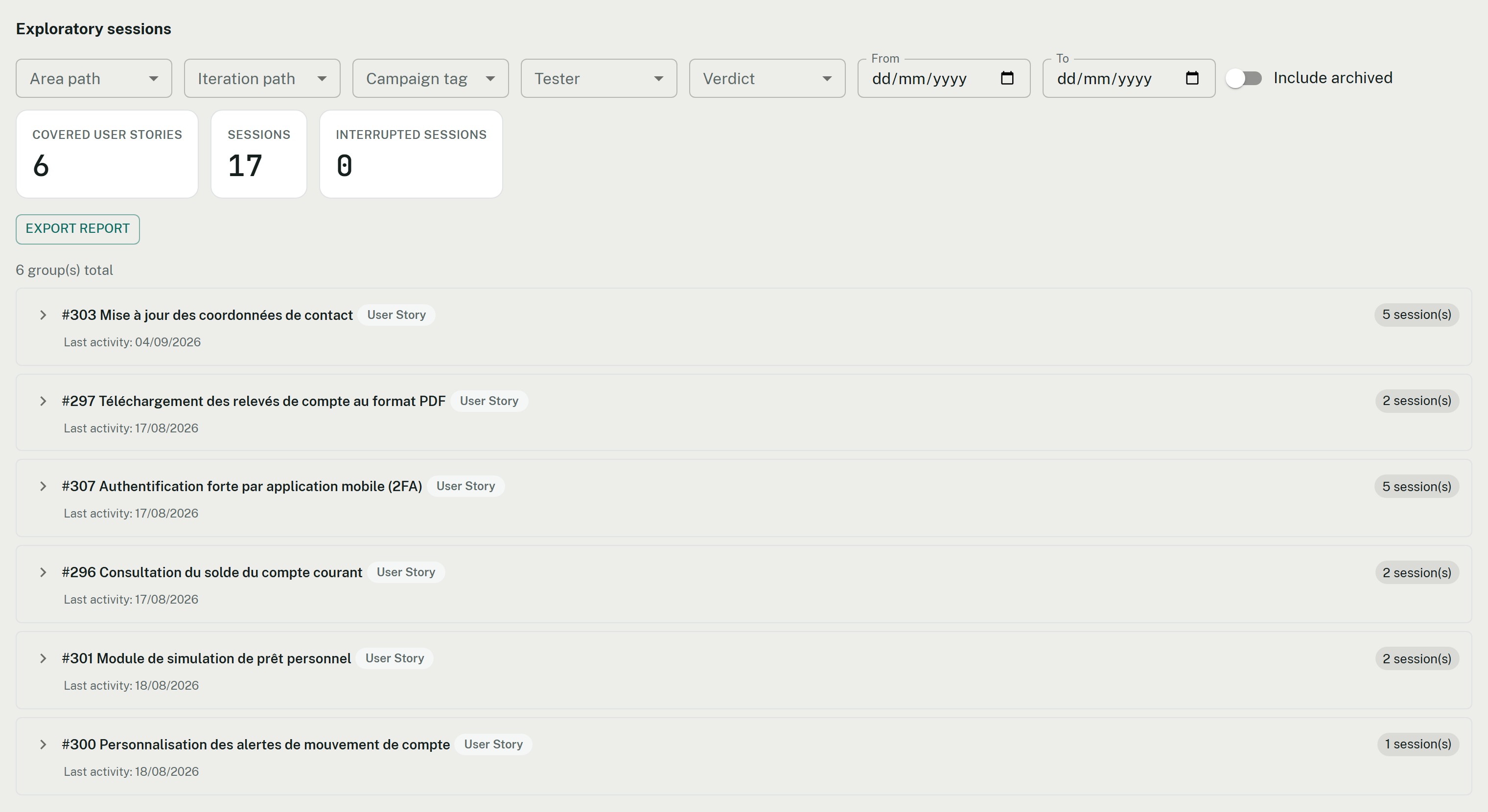 Exploratory sessions hub listing session groups per user story