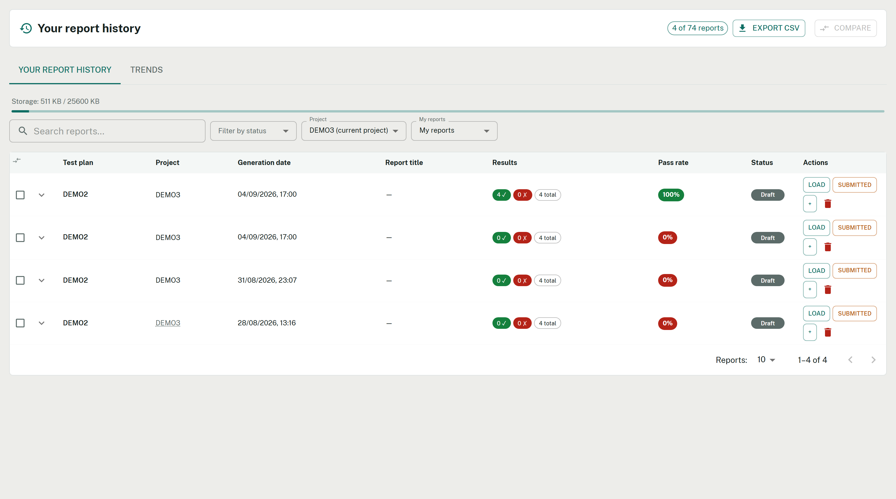 Report history list with filters, statuses and storage gauge