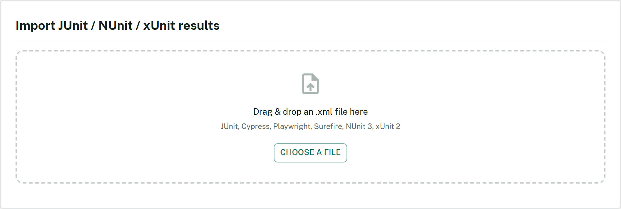 Results import drop zone listing the supported XML formats