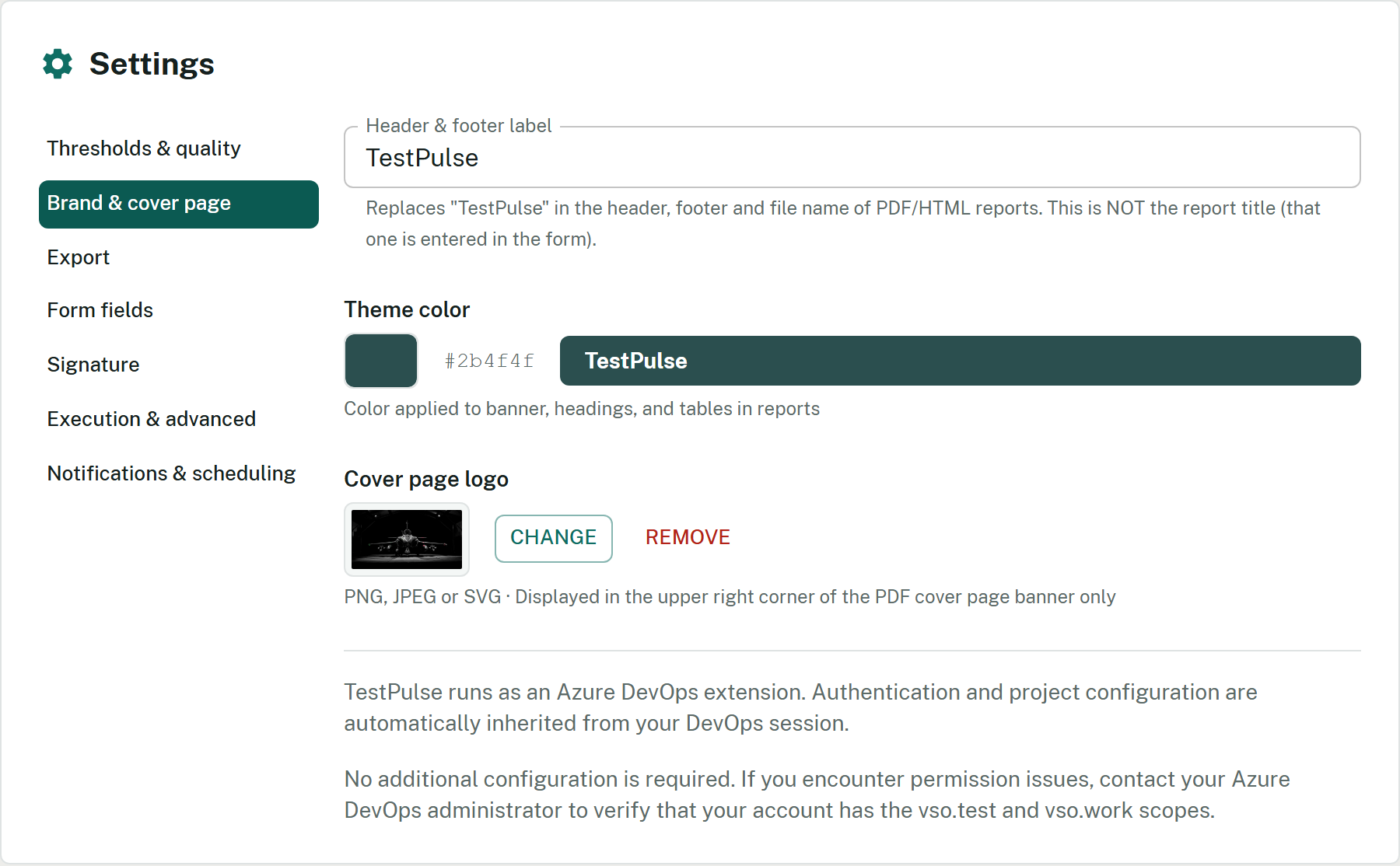 TestPulse Settings screen showing the branding and cover page section