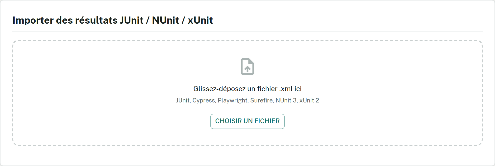 Zone de dépôt d'import des résultats listant les formats XML pris en charge