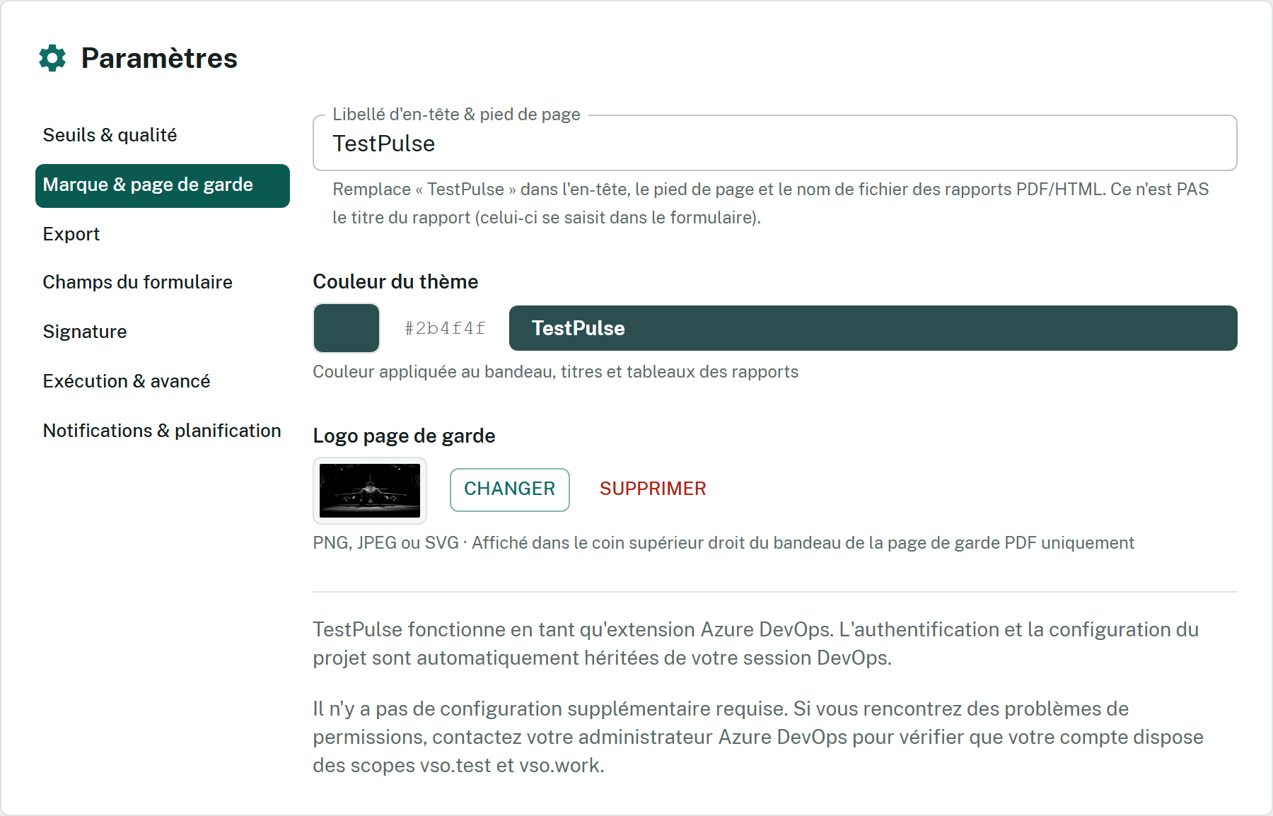 Écran Paramètres de TestPulse, section Marque et page de garde