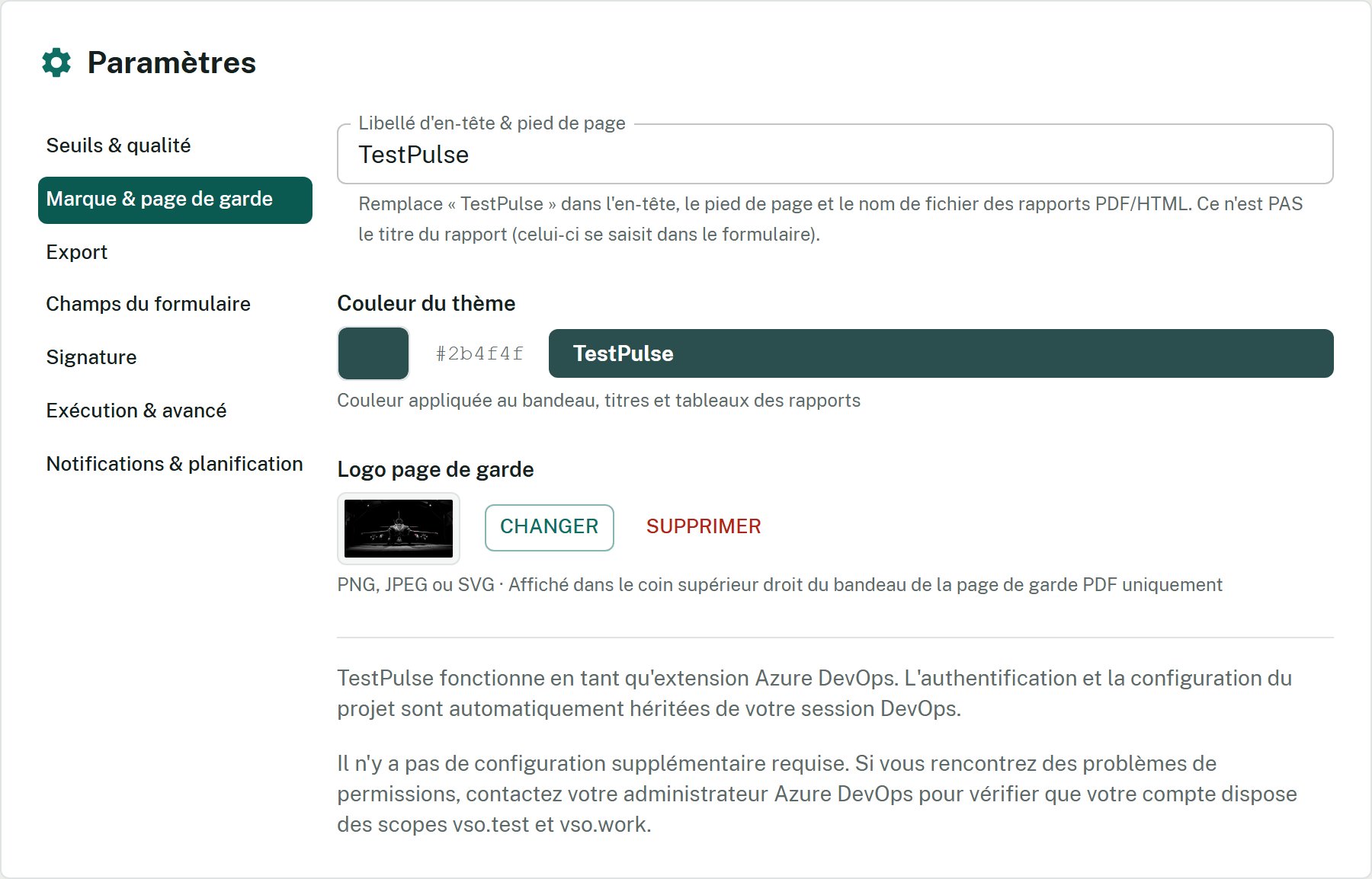 Écran Paramètres de TestPulse, section Marque et page de garde