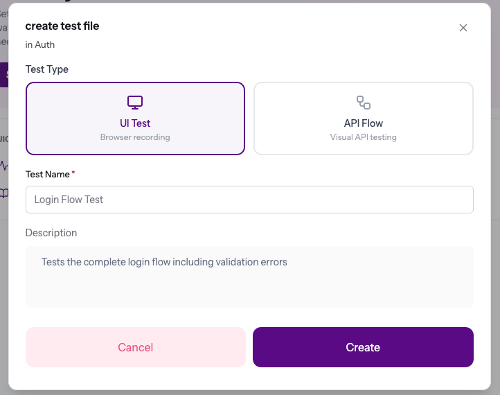Create test dialog