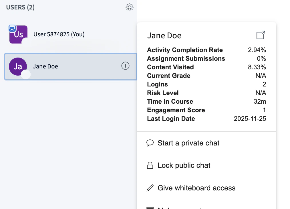 Student panel in BigBlueButton showing rich analytics data sent from Moodle