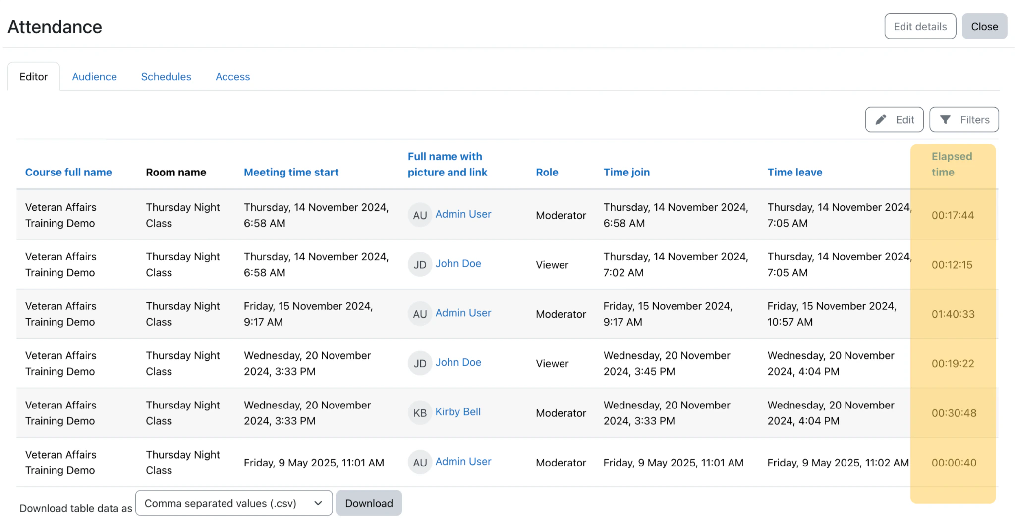 Unified report showing each user's attendance along with Elapsed time in session