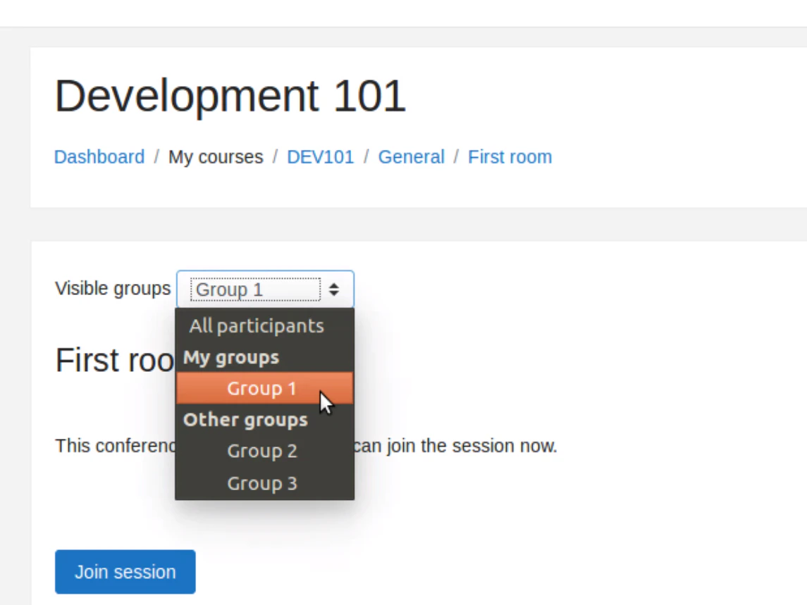 Visible groups view letting users pick a room from all groups available in the course