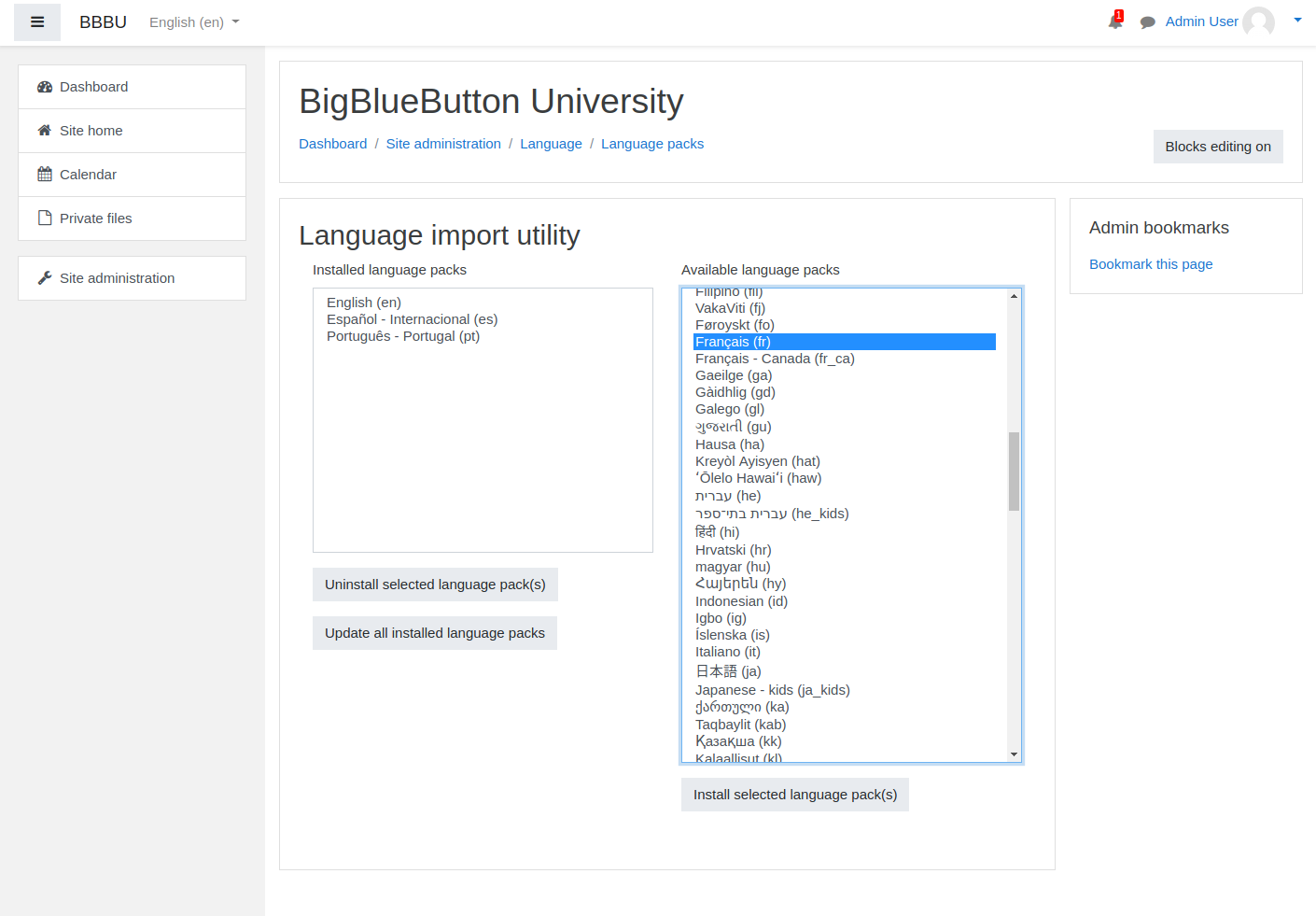 Moodle Site administration page for installing language packs