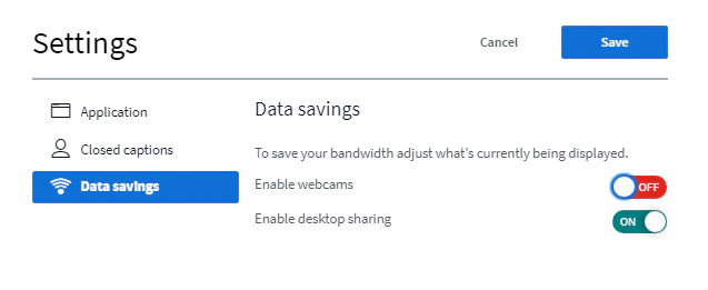 Data savings panel with the Enable webcams toggle turned off