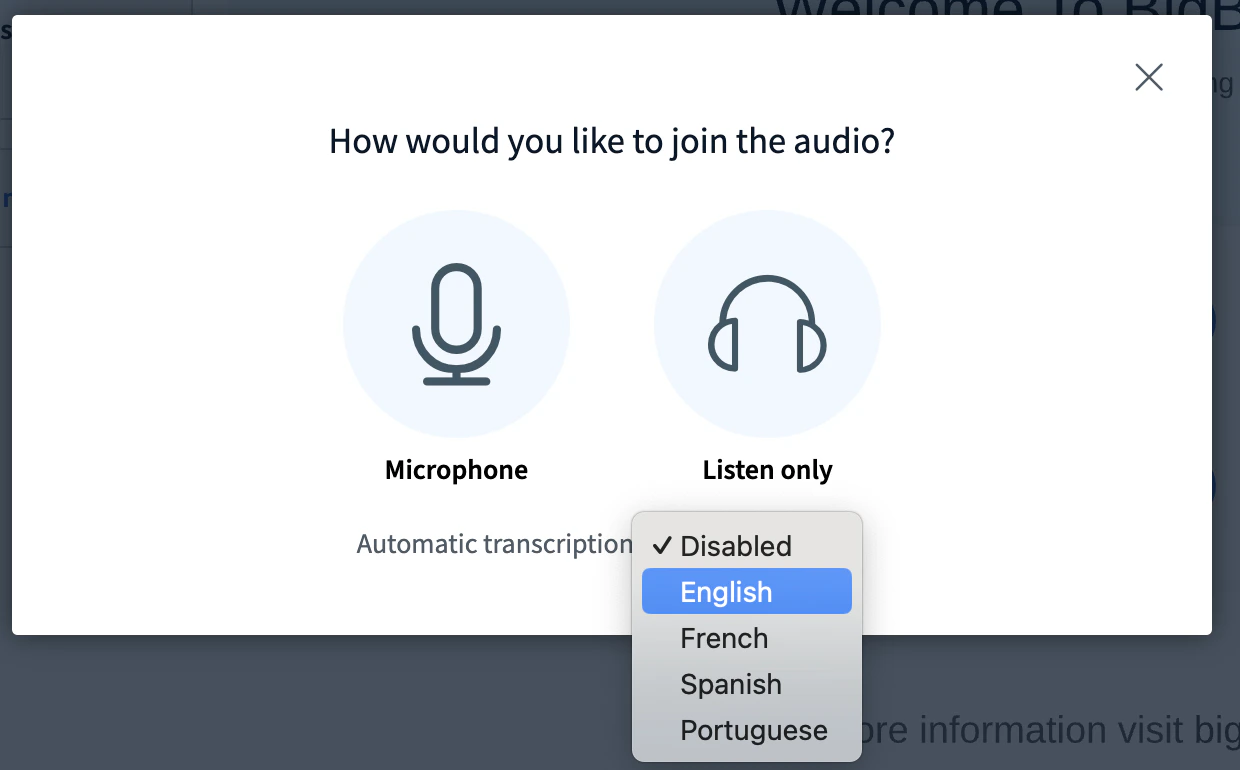 Language drop-down selector in the join audio dialog for choosing a transcription language