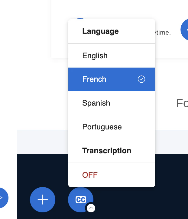 Up arrow on the CC button opening the language selection menu